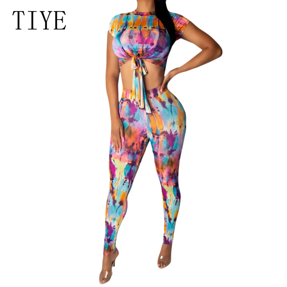 

TIYE 2 Piece Sets New Tie Dyed Print Jumpsuits Elegant O Neck Short Sleeve Lace-up Top and Bodycon Pants Women Summer Bodysuits