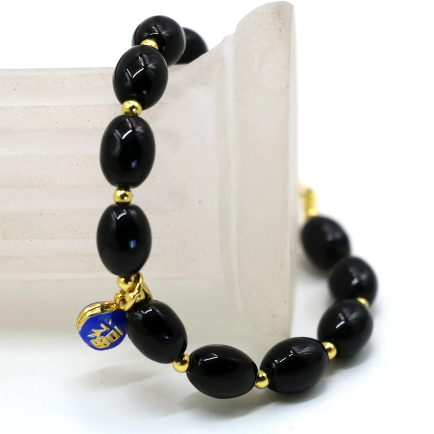 

Wholesale price black agat stone onyx barrel rice 8*11mm beads charms bracelets women cloisonne fashion jewelry 7.5inch B2953