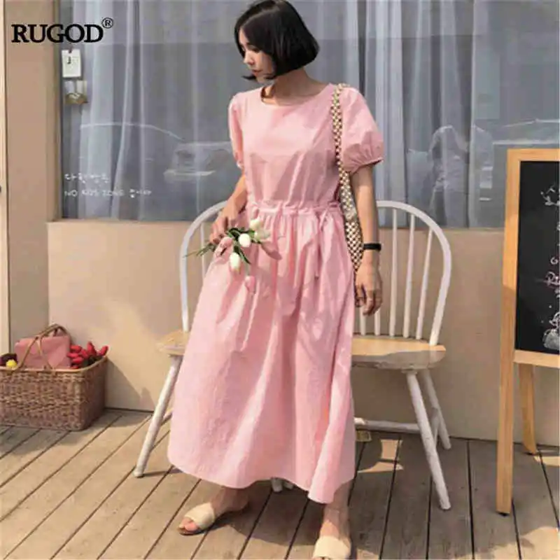 

RUGOD 2019 korea summer women o-neck puff sleeve solid draped dresses casual lady sweet gril cotton vestidos