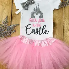 Пользовательские блеск замок baby shower костюмчики для малышей; взяв товар домой для новорожденных, для девочки; на лямках; принт пачка платье комбинезон комплект одежды сувениры для вечеринки ко дню рождения