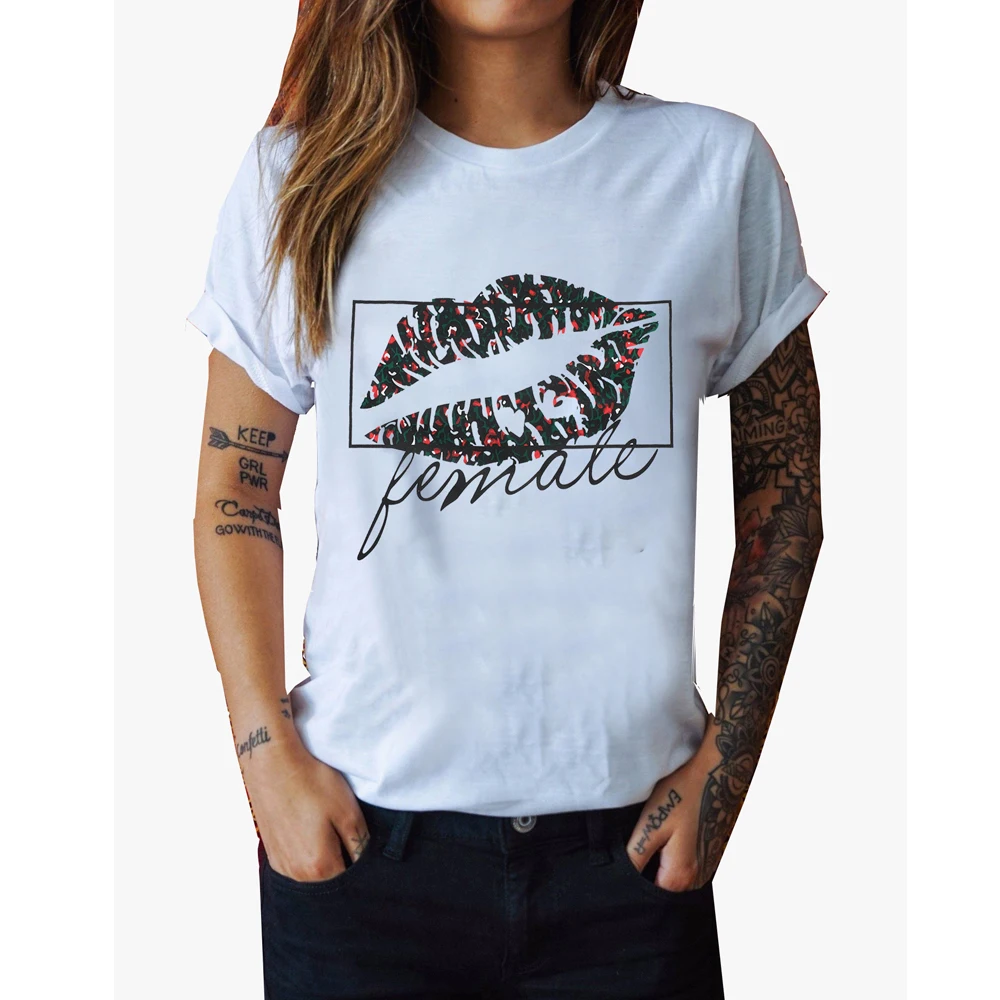

New Arrival Lip Printed T-shirt Women Fashion Summer Round Neck Short Sleeve White Tee Shirt Harajuku Letter Printed Tops S-2XL