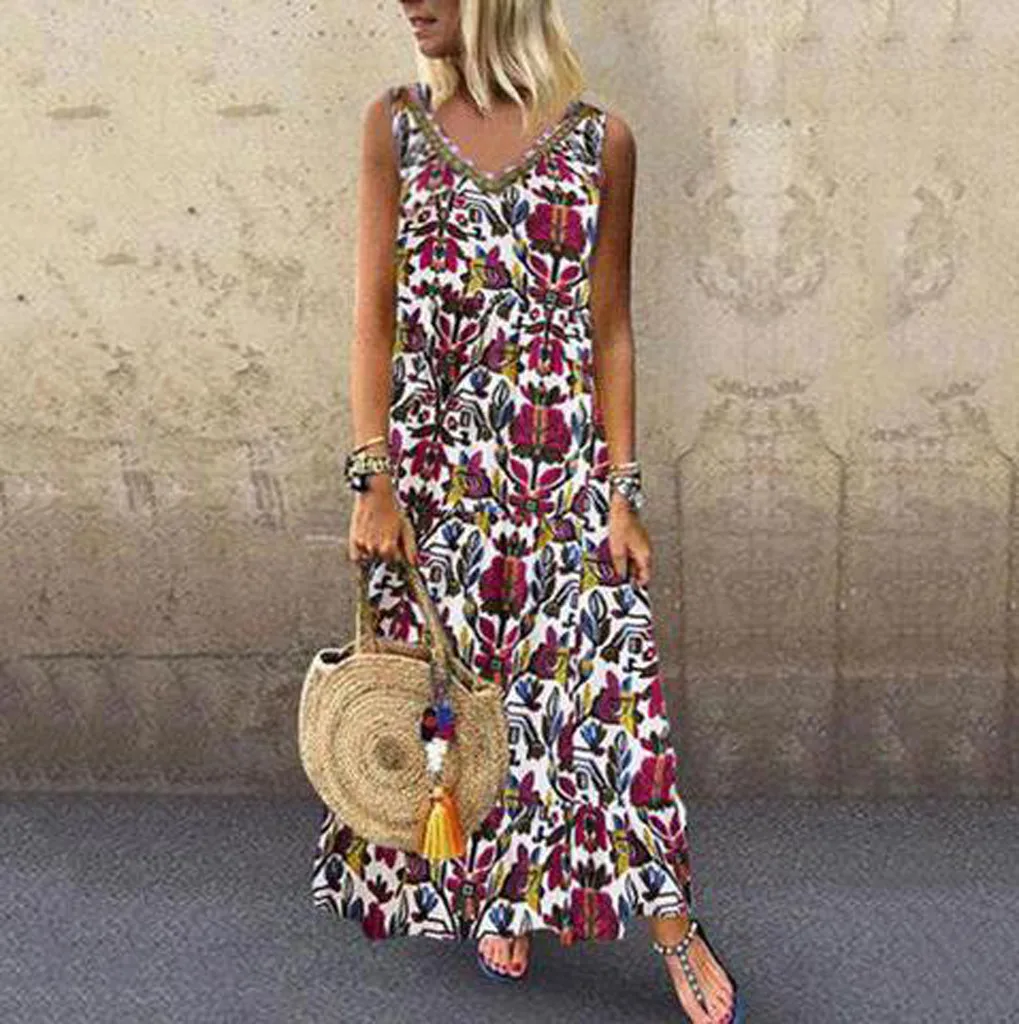 

Long Dress Women Summer 2019 Vintage Folk Print V-neck Sleeveless Maxi Dress Plus Size Bohemian Loose Cotton Linen Robe Vestidos