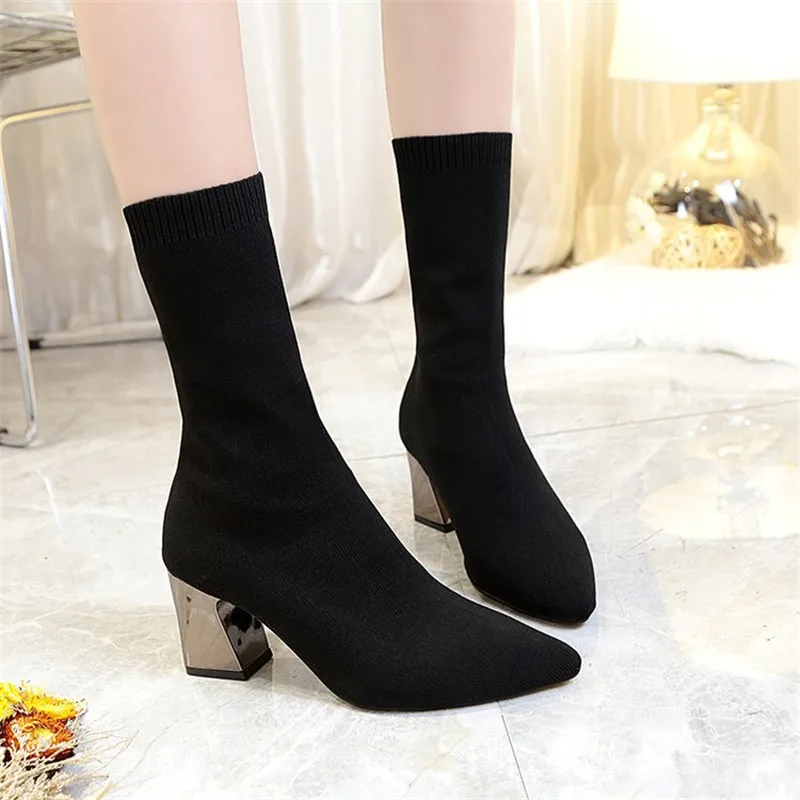 

2019 new European and American knitted elastic socks boots fashion pointed bare boots thick with high heel tube women's shoes