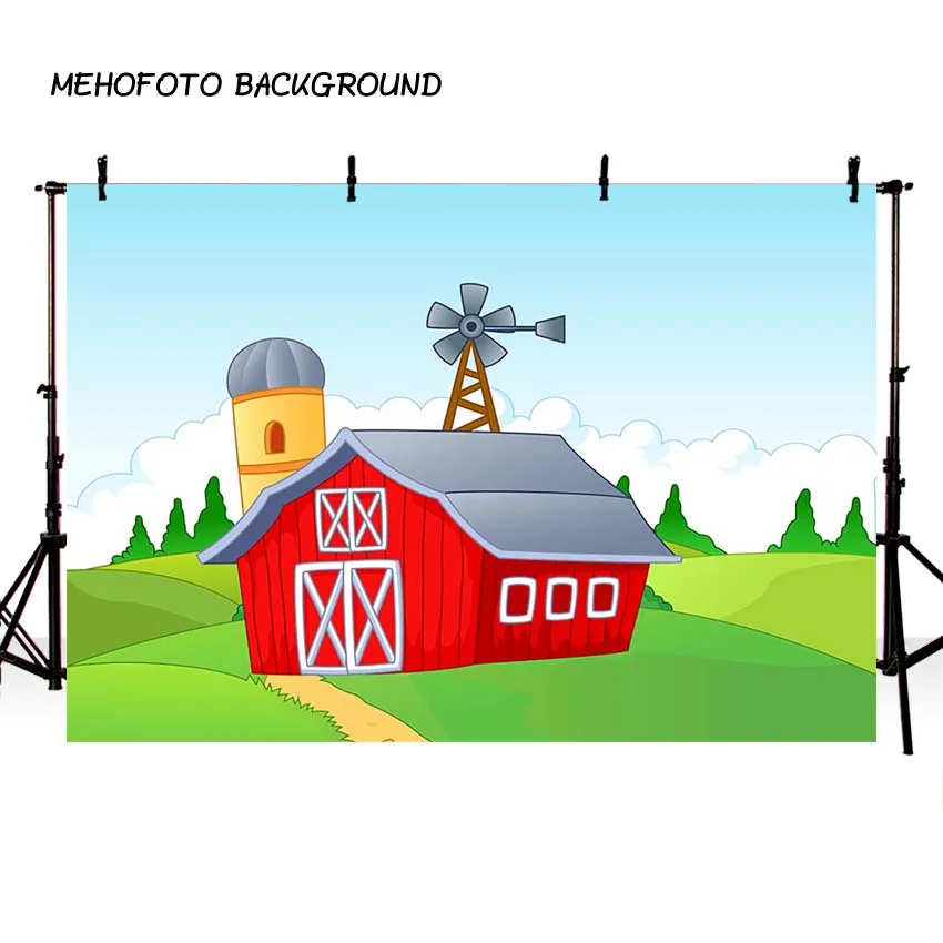 Фон для фотосъемки с тематикой фермы красный сарай скотный двор трактор воздушные шары животные забор сад пользовательские фото фоны для студии