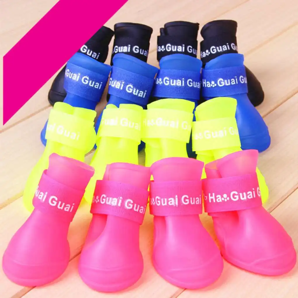 

New 4PCS/Set Dog Puppy Shoes PU Waterproof Pet Rain Boots Anti-Slip Skidproof Elastic Protective Pet Shoes