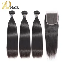 ZQ волос бразильский прямые 3 Связки с 4*4 синтетическое закрытие шнурка натуральные волосы натуральный цвет Weave Связки не волосы remy Бесплатн
