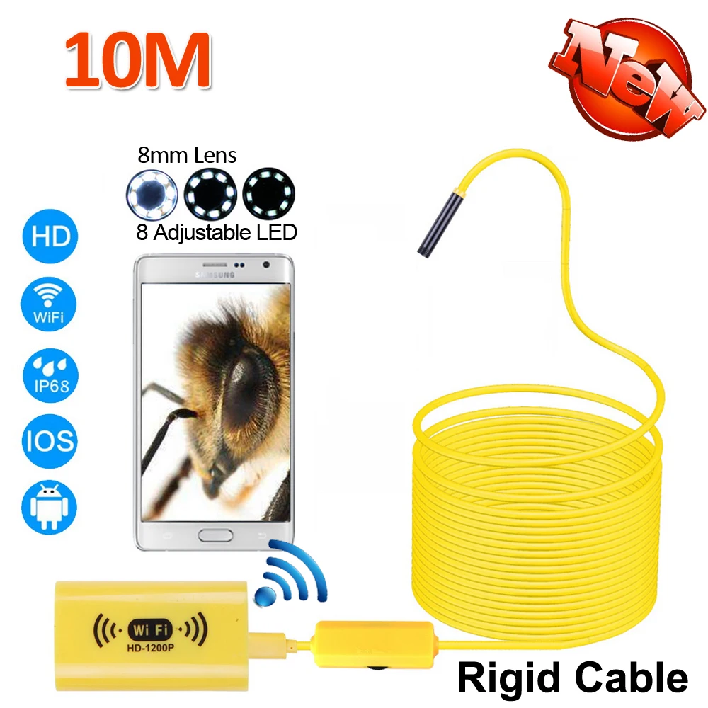 10M Full HD1200P WIFI Endoscope Camera 8mm Android iPhone Snake Rigid