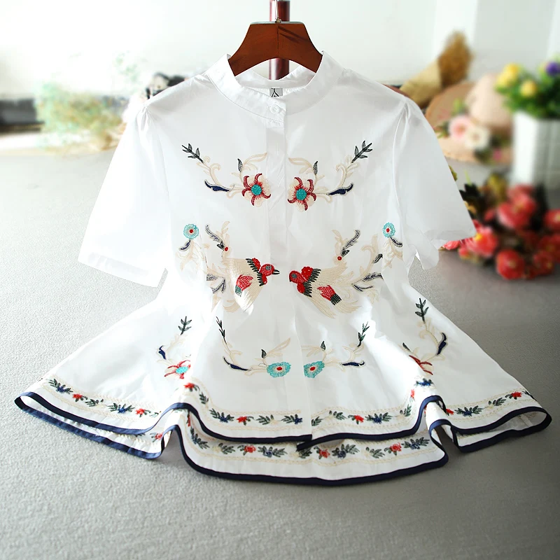 

2019 Summer retro embroidered flower loose blouse women casual A-line short-sleeved top shirt