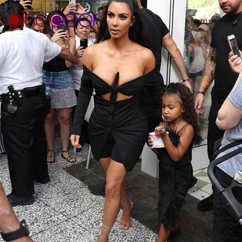 

PinePear Celebrity Long Sleeve Off the Shoulder Bow Bandage Mini Dress 2019 High Street Women Hollow Out Button Playsuit