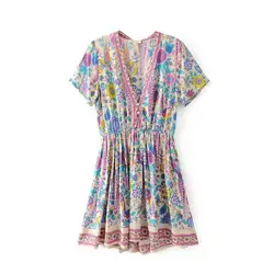 Для женщин летний, бохо-стиль пляжное платье с v-образным вырезом Цветочный принт короткое платье; модные Винтаж мини район платье