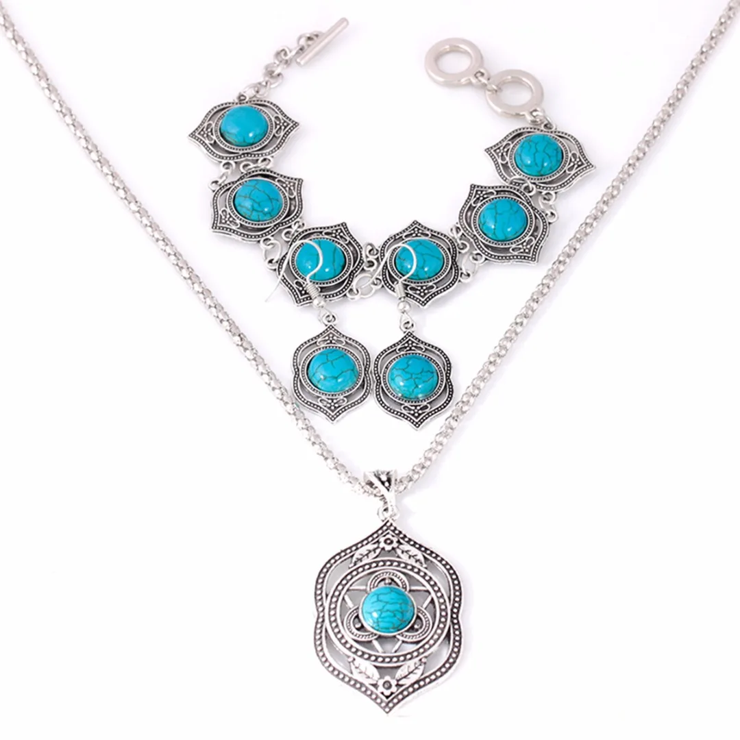 Retro Ethnic Natural Green Stone Pendant Necklace Bracelet Dangle Earrings Jewelry For Women Beach Wedding Jewelry Shellhard