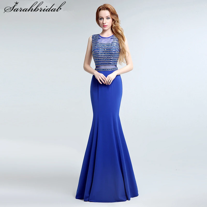 

Sexy Cut Back Royal Blue Mermaid Evening Dresses 2016 New Arrival Real Pictures Sheer Crystal Beads Party Robe De Soiree LX145