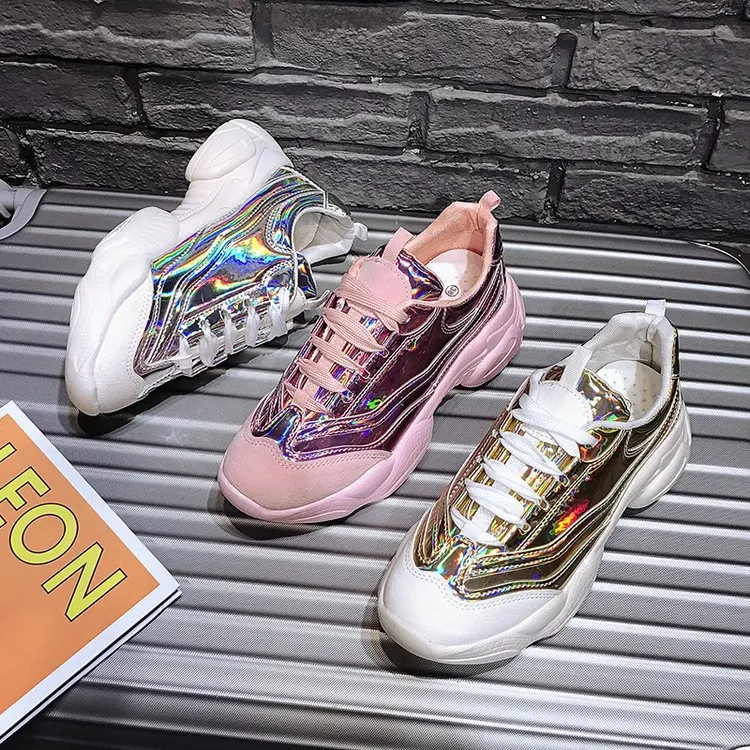 

New Women's Platform Sneakers Walking Shoes Transparent Heel Sole Sequin Sneaker Gold Silver Laser Female Casual Daddy Shoes