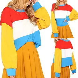 MUQGEW Для женщин поточное производство oversize-свитшот в цветных блоках Полосатый с длинным рукавом легкая мягкая ткань свитер кроп-топ Vestido