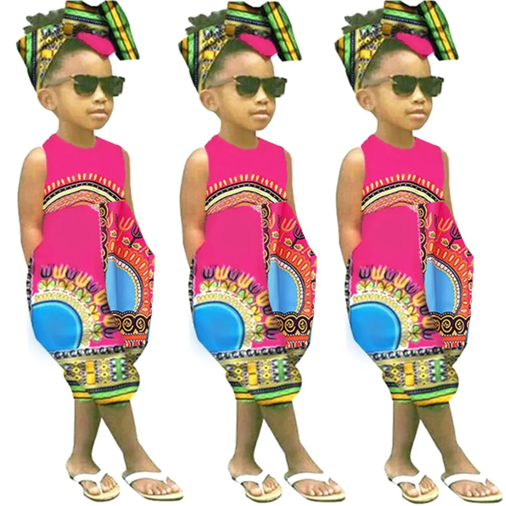 Комплекты для детей; летняя повседневная одежда для маленьких девочек; африканский безрукавный комбинезон с принтом; комбинезон; повязка на голову; T9