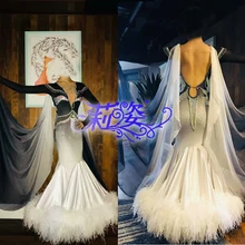 Повседневное бальное платье для танго Quickstep, танцевальное платье, сделанное из костюма, бальное платье для танцев, белое страусиное перо, бальное платье для танцев