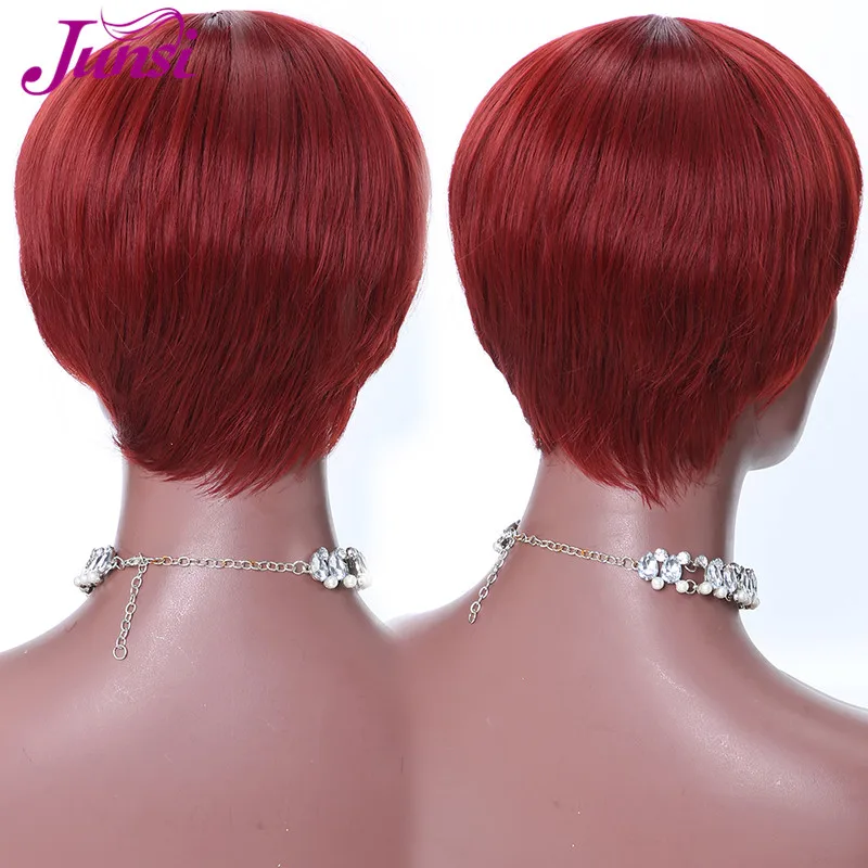 JUNSI Волосы Короткие Красный Черный Pixie Cut синтетические парики для женщин натуральные парики
