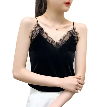 

2019 Women Based Gold Velvet Tank Lady Black White V-neck Lace Vest Sleeveless T-Shirt Fashion Summer Outfits Slim Sling Top 778