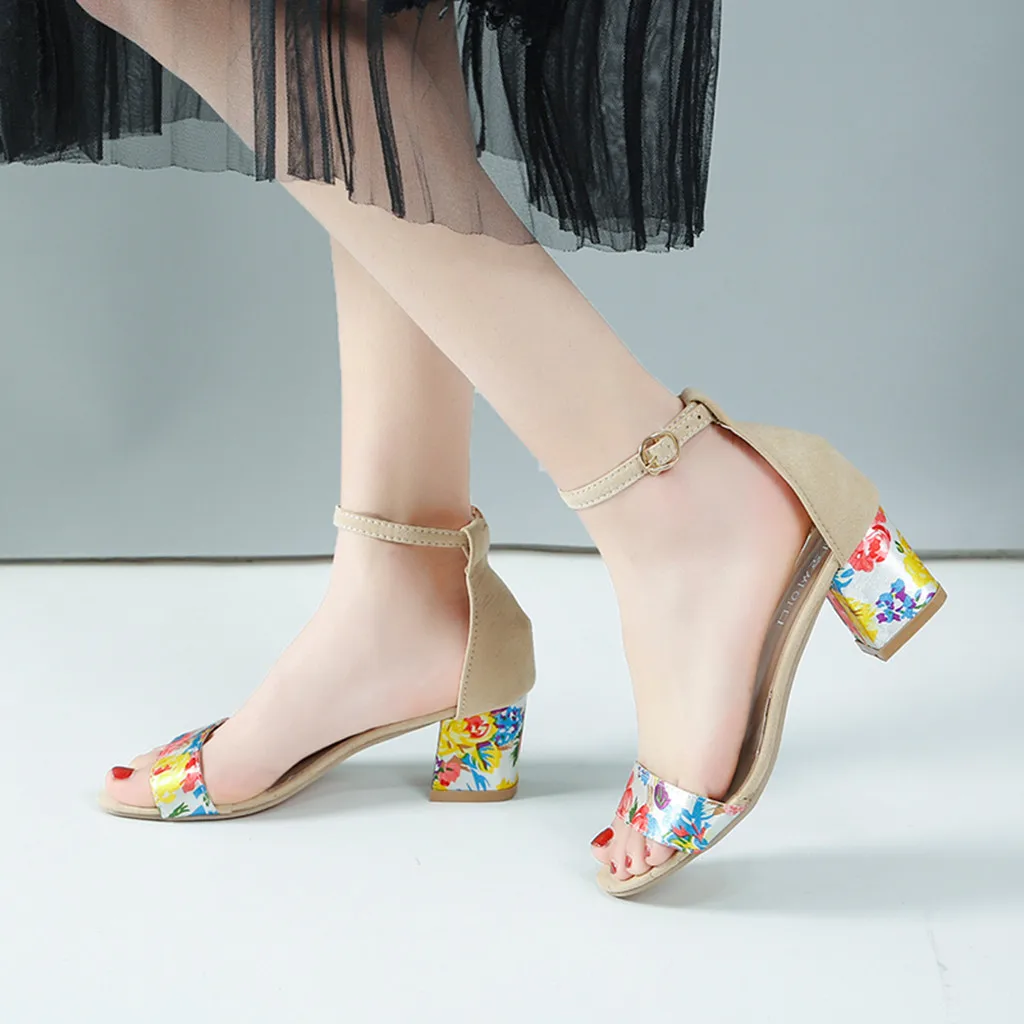 KLV/женские пикантные элегантные туфли на квадратном каблуке с цветочным принтом; повседневные рабочие босоножки на высоком каблуке с открытым носком и ремешком с пряжкой; Sandalias Mujer;