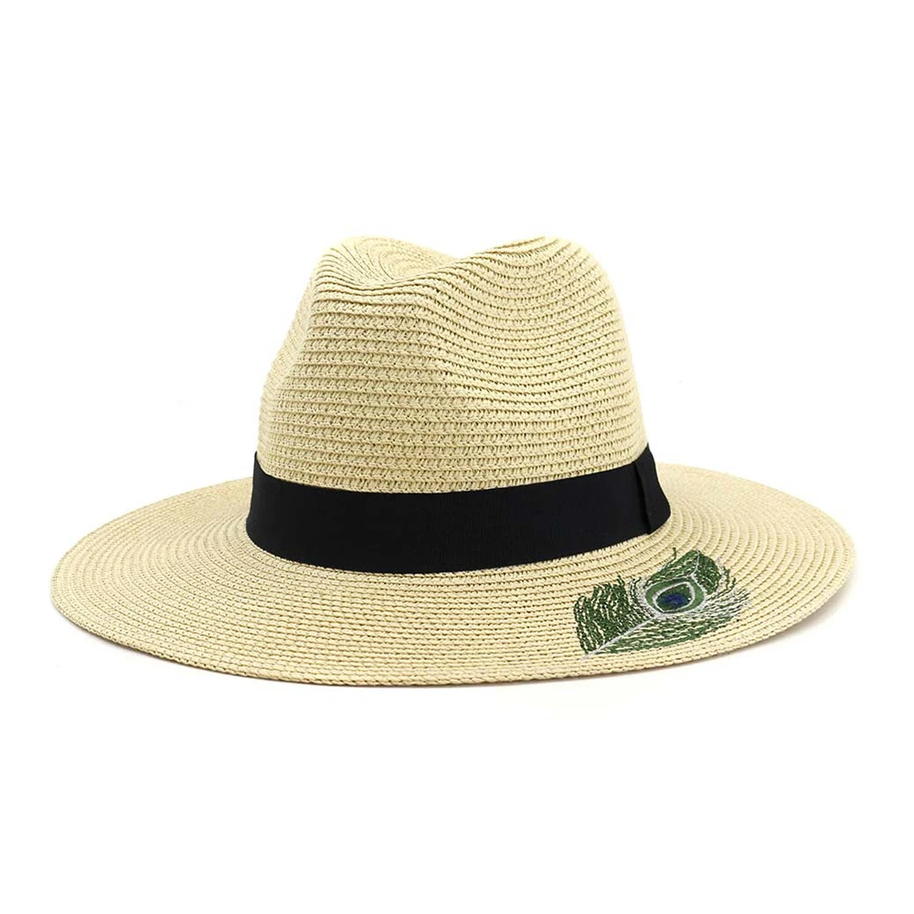 Панамы для мужчин соломенные шляпы от солнца для женщин пляжная пара солнцезащитные козырьки С Широкими Полями Летняя фетровая шляпа в стиле джаз Кепка - Цвет: Straw