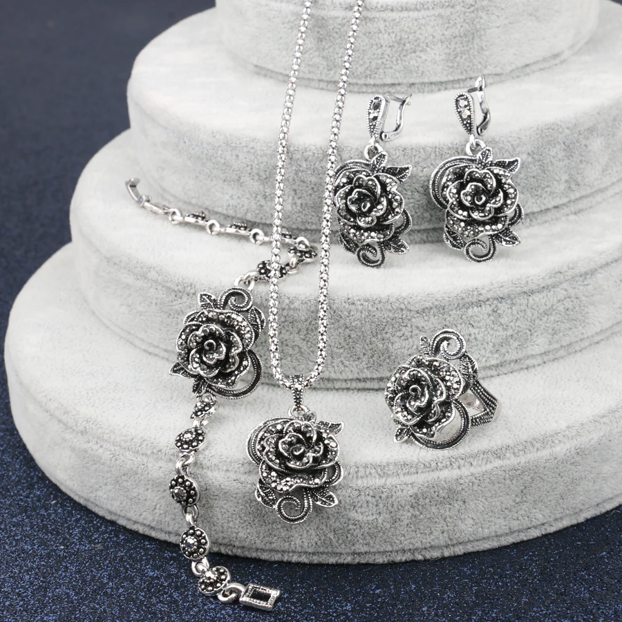 Kinel Hot Grey Crystal Roses Jewelry Set For Women Tibetan Silver Ring Necklace Earrings Bracelet Vintage Wedding Jewelry Sets - Image 2
