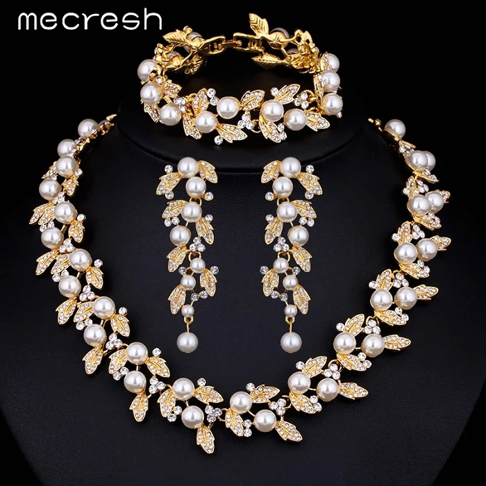 Mecresh, имитация жемчуга, свадебные ювелирные наборы, серебро/золото, ожерелье, набор, Свадебные ювелирные изделия, Parure Bijoux Femme TL283+ SL089 - Окраска металла: Gold