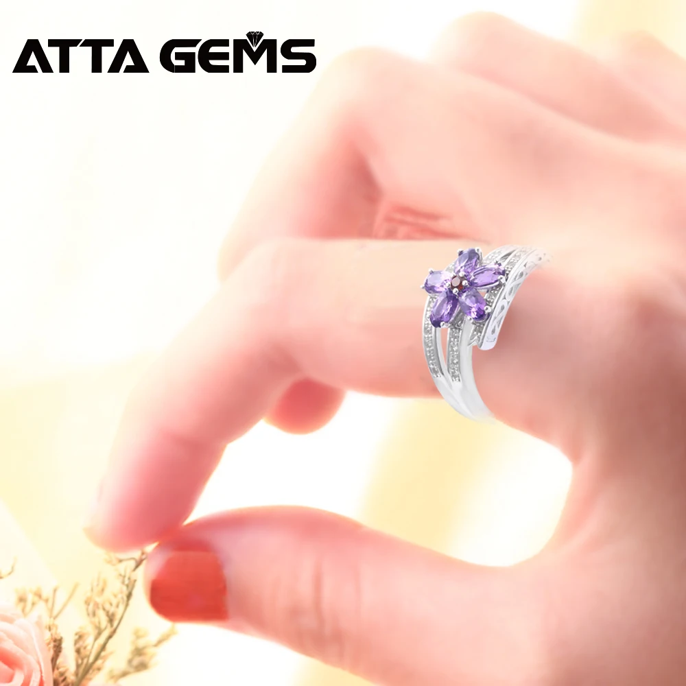 Природный аметист стерлингов Серебряные кольца для Для женщин прекрасный романтический Стиль цветочный дизайн Природные фиолетовый