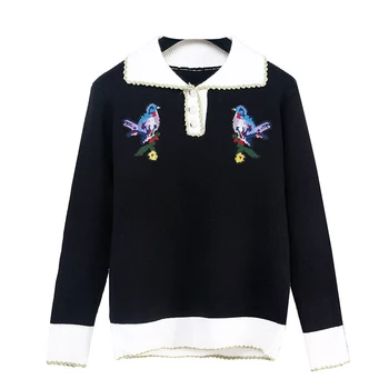 

Pearls Sweater Women 2018 Autumn Long Sleeve Lurex Bird Embroidery Casual Pullover Jumper