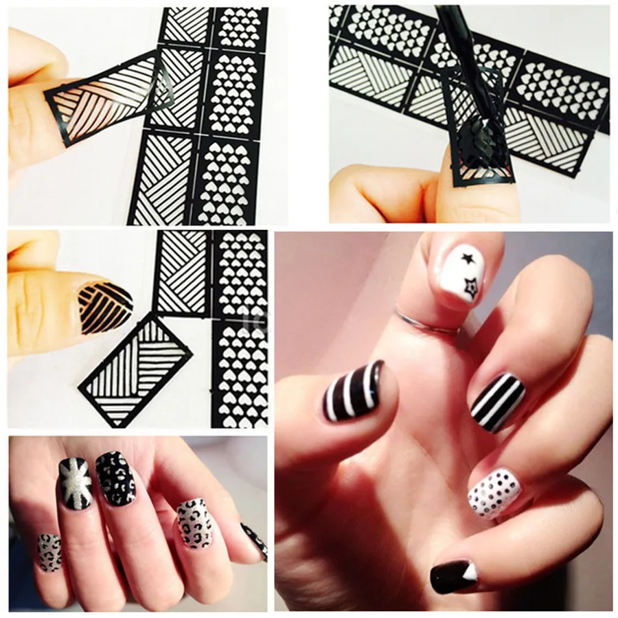 

6pcs/lot Hollow Stickers Nail Printing Template Hollow Irregular Stencils Creative DIY Manicure Sticker Laser Decals