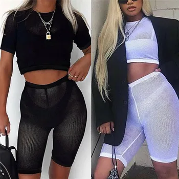 

HIRIGIN Fashion Womens Short Sleeve Summer Mesh Crop Tops + Shorts Set Club Sexy Lady 2Pcs Wear
