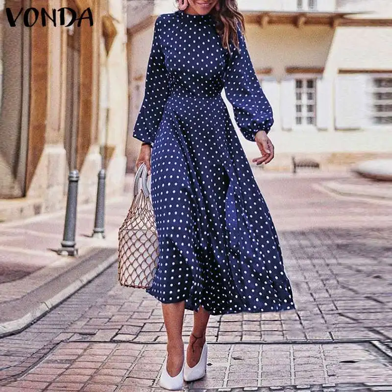 

VONDA Women Dot Print Dress 2019 Autumn Dress Plus Size Casual Loose Round Neck Long Sleeve Office Ladies Sundress Vestido Robe
