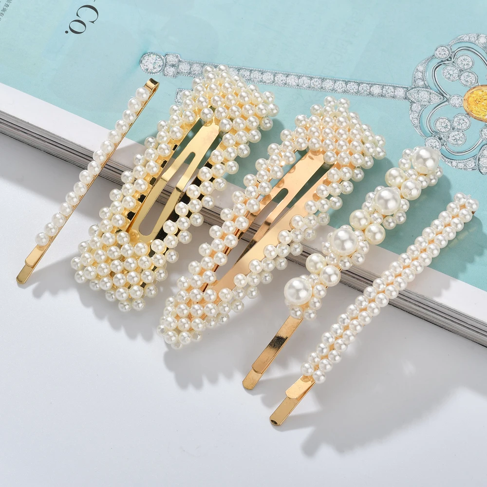 

MESTILO handmade Gold Color 1PC Imitation Pearl Hair Clip Snap Barrette Stick Hairpin Hair Styling Accessories For Women Girls