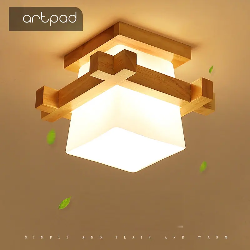 Artpad Simple Japan Tatami E27 Wooden Lamp Light Hallway Porch Balcony Ceiling Light Fixtures Glass Modern Ceiling Lamp