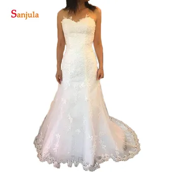 

Sheath Lace Wedding Dresses Long Sweetheart Appliques Graceful Bride Wedding Gowns Back Lace-Up robe de mariage sirene D964