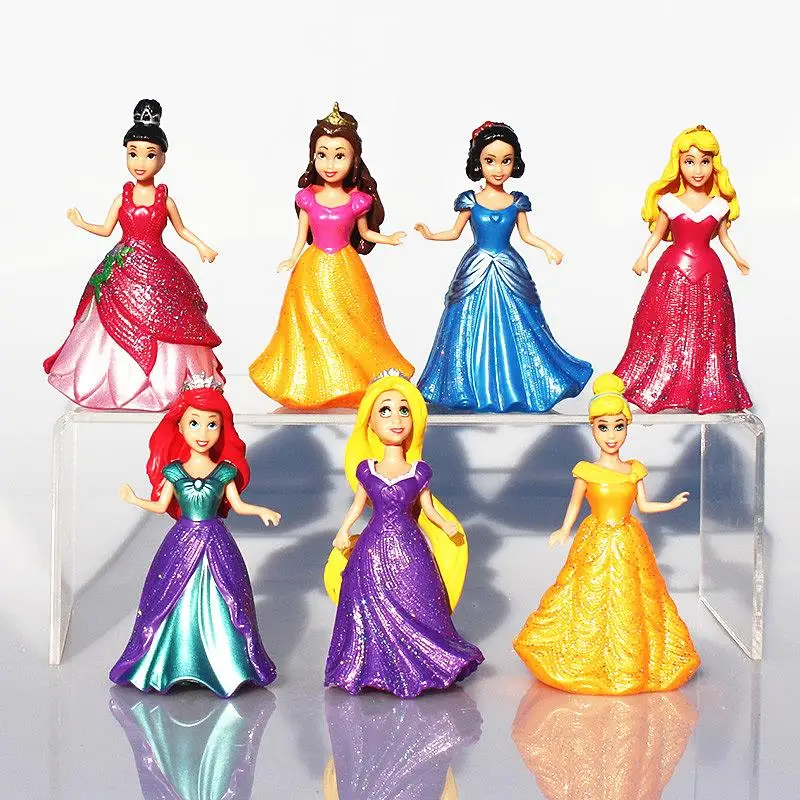 

7pcs/set Snow White Princess Action Figure Ariel Rapunzel Merida Cinderella Aurora Belle Princess Sexy Toys Girls Doll Dress