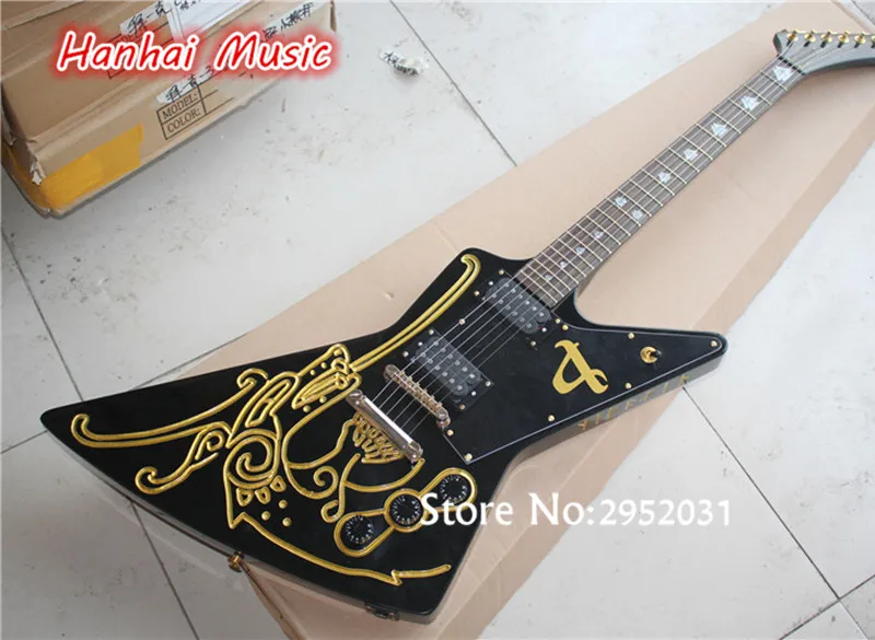 

Free Shipping-Explore Electric Guitar,Unusual Shape,Black Body,Gold Hardware,2 Open Humbuckering Pickups,can be Custom