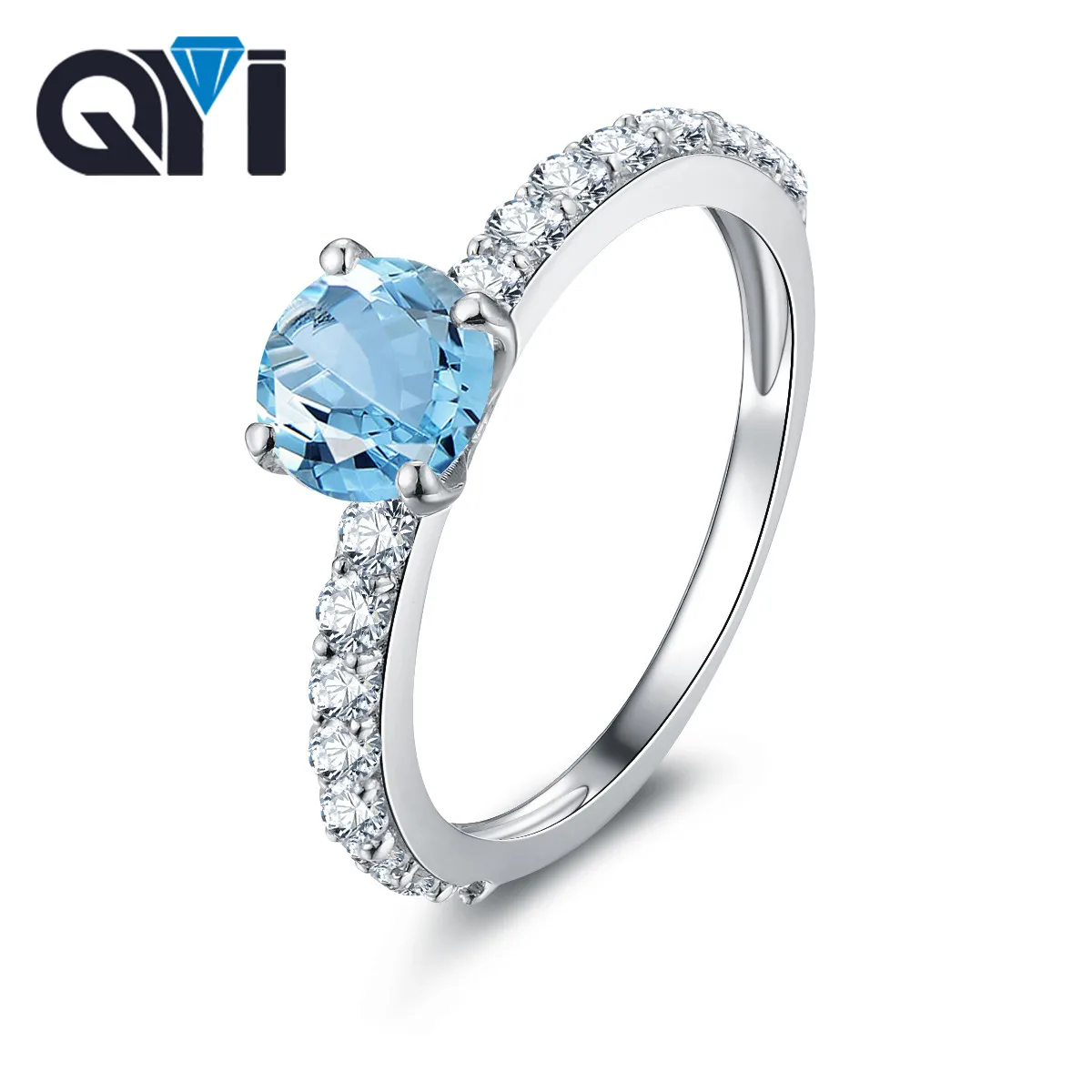 

QYI Fashion Gemstone Natural Blue Topaz Rings 1.25 ct Round Cut Colored stones 925 sterling silver Engagement Parties Ring