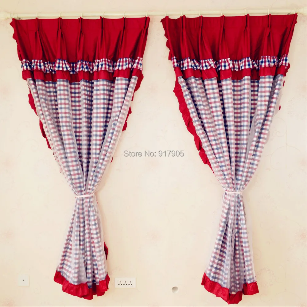 Elegant Red Gingham Print Living Room Curtains Drapes Designer