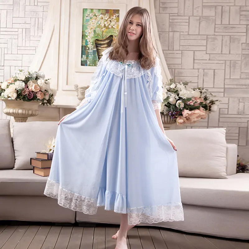 Ретро принцесса ночные рубашки новые милые кружевные женские длинные ночные рубашки из двух частей банные халаты элегантные женские Спальные платья P702 - Цвет: Синий