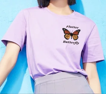

HAHAYULE-JBH 1pcs Flutter Butterfly Fashion Kawaii Butterfly Printed T Shirt Women Lovely Pocket Printed Tees Summer Cool Shirt