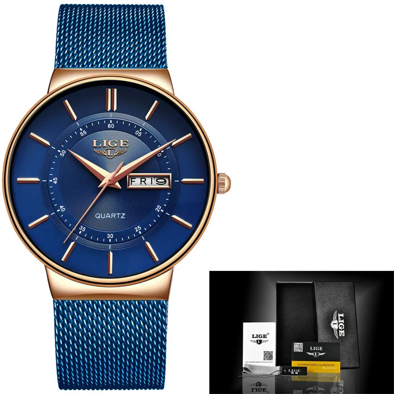 Rose gold blue LIGE мужские часы от ведущего бренда класса люкс водонепроницаемые ультра тонкие часы с датой мужские часы со стальным ремешком повседневные кварцевые часы мужские спортивные наручные часы - Цвет: Rose gold blue