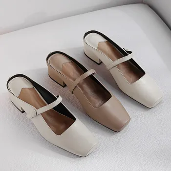 

MLJUESE 2019 women slippers Cow leather summer square toe slip on low heels beaches sandals mules party wedding dress