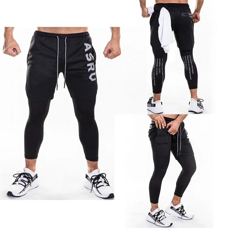 

new design Men's sports double shorts printed with reflective fonts Runnings Shorts Quick Drying Gyms with Built-in pocket Liner