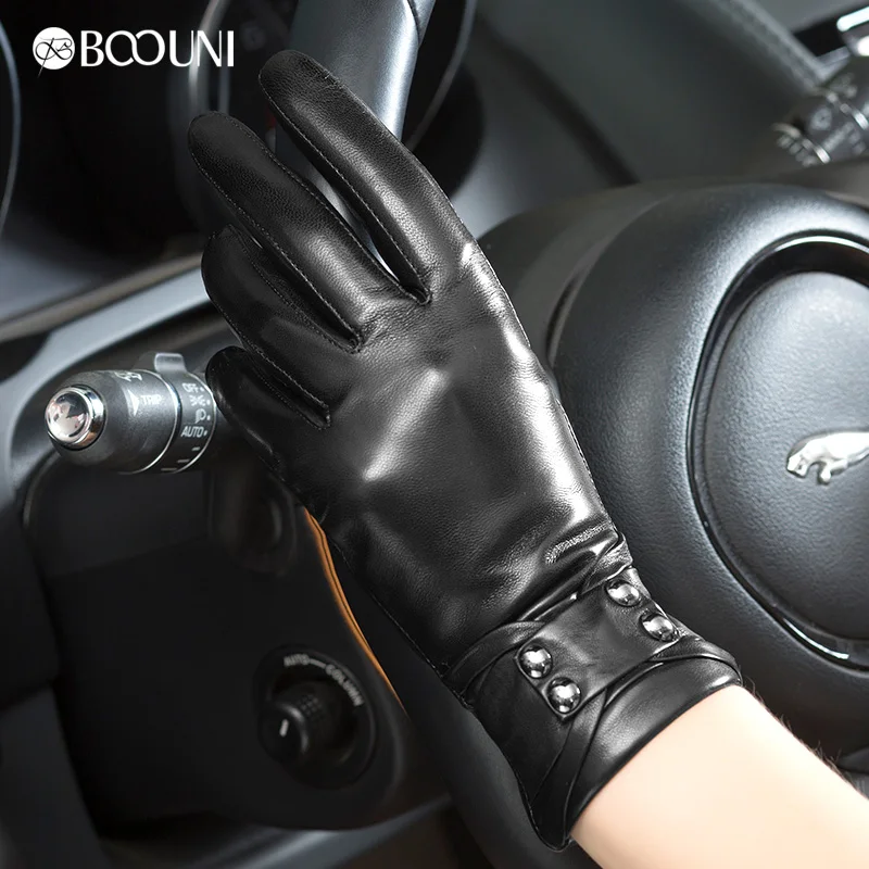 BOOUNI Genuine Leather Gloves High Quality Women Fashion Black Sheepskin Finger Gloves Winter Plus Velvet Driving Glove NW781