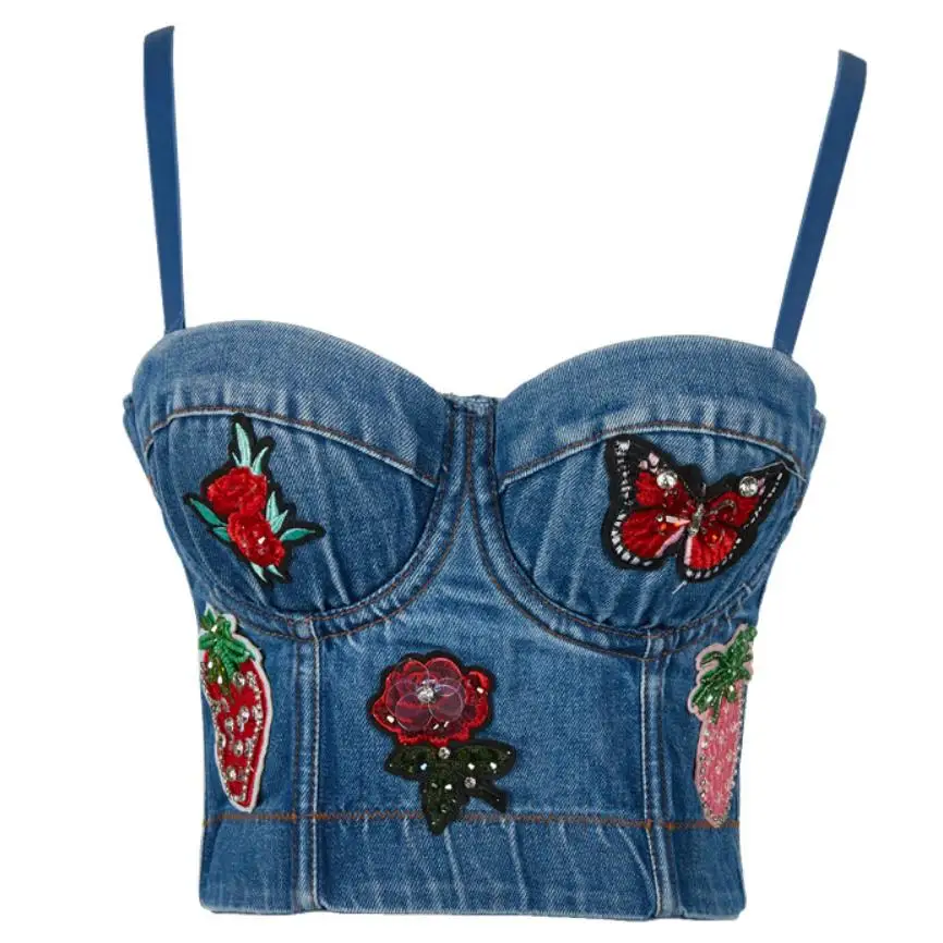 

Rose Butterfly Pineapple Embroidered Denim Flower Tie Push Up Bustier Women's Bralette Cropped Top denim Vest Plus Size