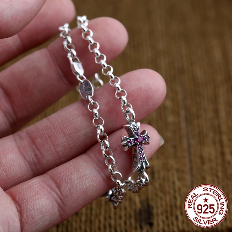 

S925 sterling silver men's bracelet personality fashion quality jewelry inlaid stone cross shape 2018 new gift to send lover