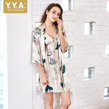 Летние новые женские высокого качества Короткие домашние наборы из искусственного шелка роскошные сексуальные с v-образным вырезом принт ночная рубашка Nachtkleding Vrouwen две штуки