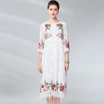 

Lace Dress Women Vintage Embroidery Hollow Out Vestidos Spring And Summer Fashion Round neck 3/4 sleeve Elegant Long Dress
