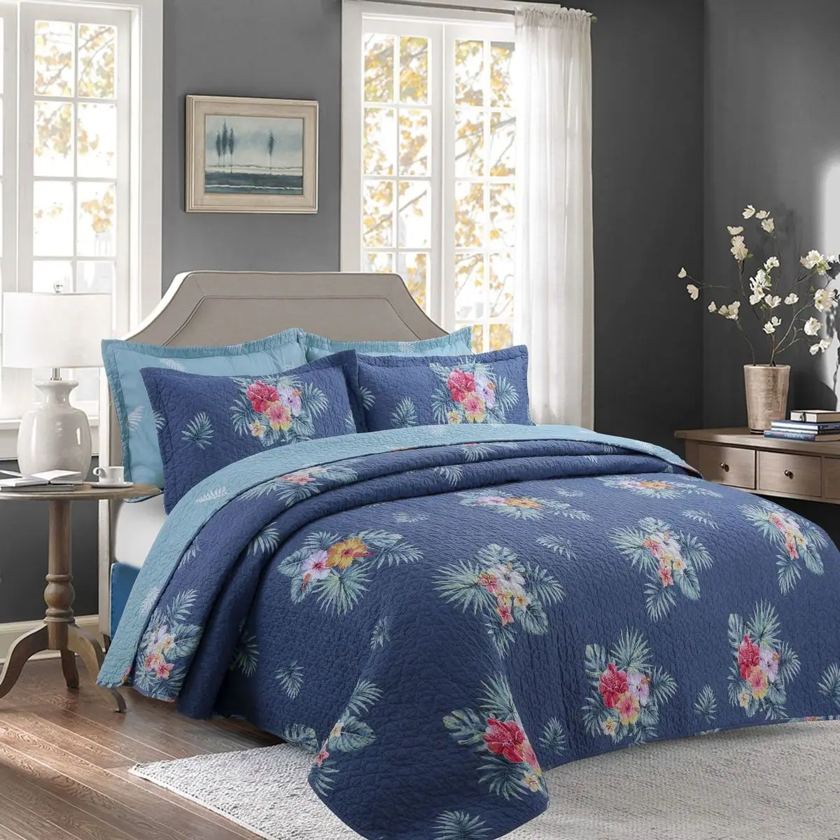 DeMissir Blue Flowers Print Cotton 3pcs Set Quilt 2Pillowcase Summer