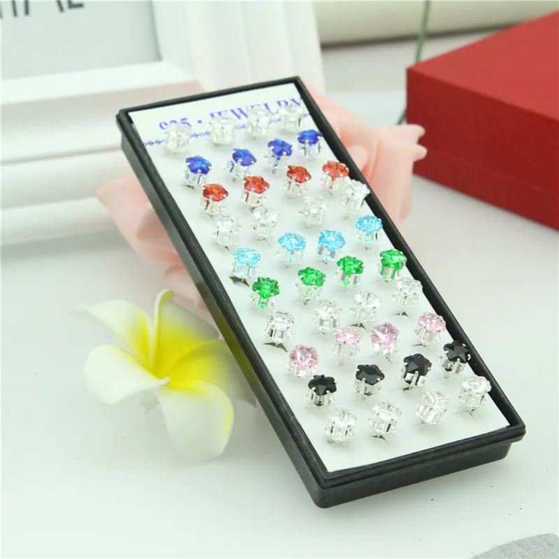 

WalerV 40pcs Fashion For Woman Box 925 Sterling Silver Geometric Crystal Color Mixing Stud Earring Box Earrings Set Bijoux Gifts